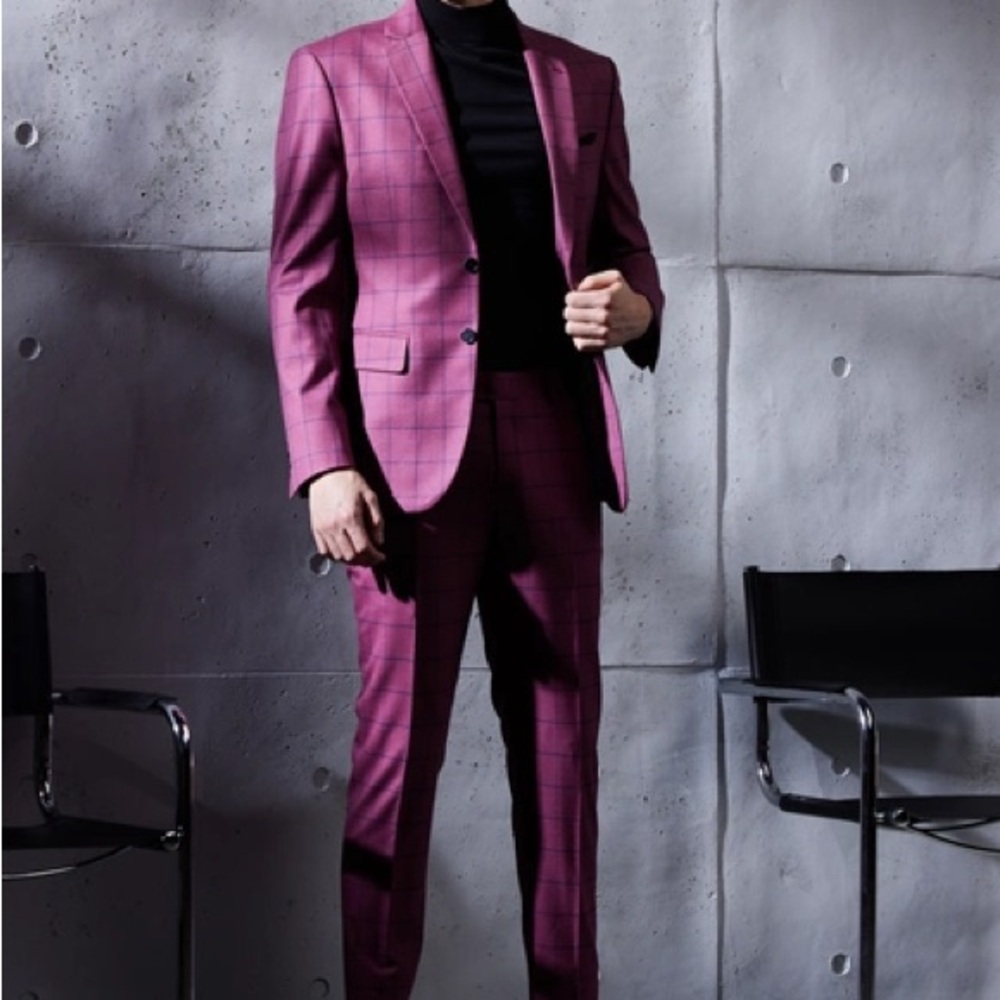 Slim Fit Burgundy Windowpane Suit Jacket & Trousers 32x38 Tall